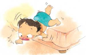 아기가 침대에서 떨어지는 그림