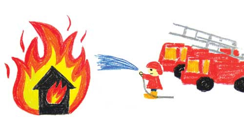 불난집에 불을 끄는 소방관과 소방차 그림