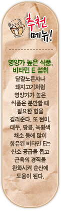 추천 메뉴! 영양가 높은 식품, 비타민 E 섭취. 달걀노른자나 돼지고기처럼 영양가가 높은 식품은 분만할 때 필요한 힘을 길러준다. 또 현미, 대두, 땅콩, 녹황색 채소 등에 많이 함유된 비타민 E는 산소 공급을 돕고 근육의 경직을 완화시켜 순산에 도움이 된다.